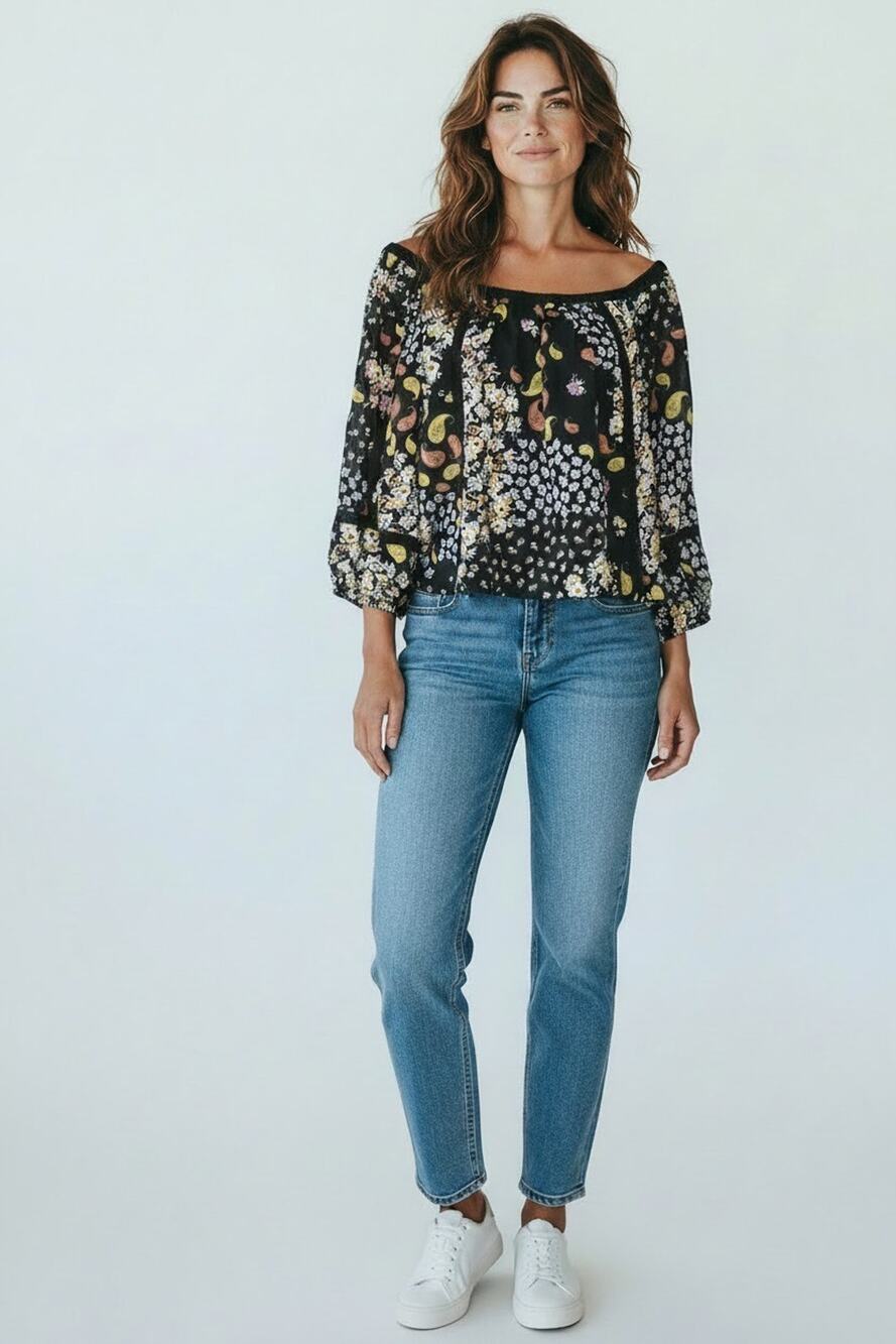 A5 NWT BY TOGETHER Floral & Paisley Off Shoulder Balloon Sleeve Blouse Sz M $79